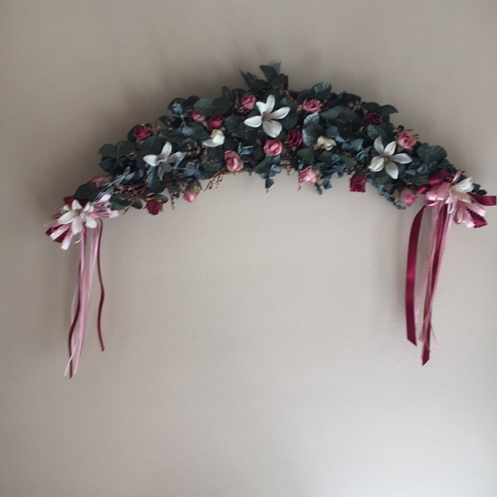 Faux and dried flowers grapevine arch wall hanging